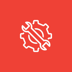 Service Tools Red Line Icon On White Background. Red Gear Wheel & Hammer Flat Style Illustration