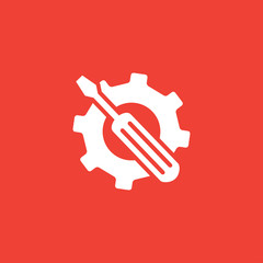 Service Tools Red Icon On White Background. Red Gear Wheel & Hammer Flat Style Vector Illustration