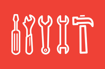 Wrench Spanner Screwdriver And Hammer Line Red Icon On White Background. Red Flat Style Vector