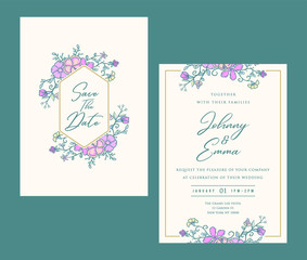 Wedding Invitation card templates with flowers, hand drawn line with digital color, vector illustration