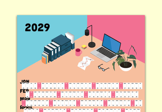 Calendar Layout with Isometric Desk Illustration