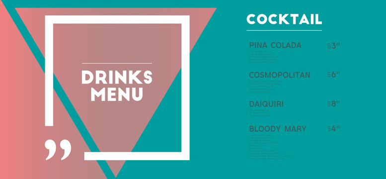 Drinks menu. Cocktail. Triangle, square and quotes.  For art template design, list, banner, idea, cover, booklet, print, flyer, card, sign, poster.