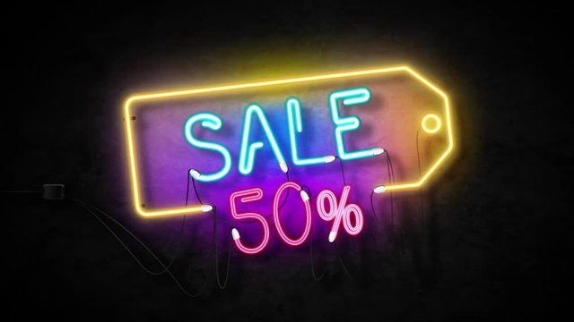 Banners, neon signs, background signs (50% sale) for promotional videos The business concept of clearance and sales