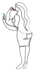 One continuous line drawing of woman looking in mirror and painting lips with lipstick. Girl applying makeup