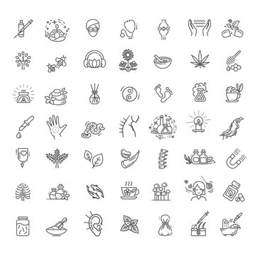Set of vector illustrations of different kinds of alternative medicine