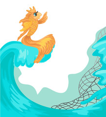 Gold fish, sea waves and fishing net. Vector illustration.