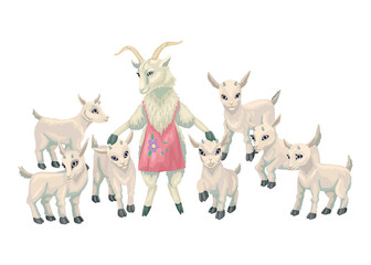 Mother goat with baby goats. Vector illustration