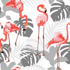 Fototapety  Różowe flamingi, szare graficzne liście palmowe, białe tło. Kwiatowy wzór. Tropikalna ilustracja. Rośliny egzotyczne, ptaki. Letni projekt plaży. Rajska przyroda.