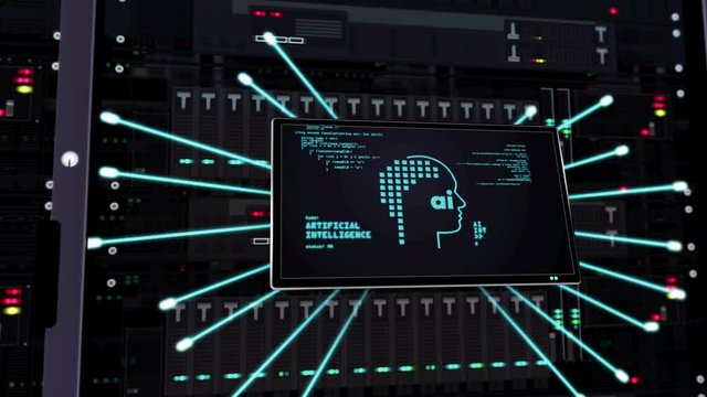 Artificial intelligence symbols on datacenter. The concept of artificial intelligence, neural network, cybernetic brain, deep machine learning 3D rendering animation. AI expansion on server racks.