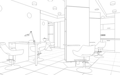 interior beauty salon contour visualization, 3D illustration, sketch, outline