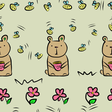 Cute brown bears and bees, flowers - seamless pattern on olive green background