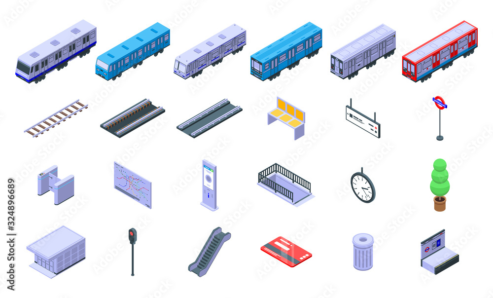 Poster subway train icons set. isometric set of subway train vector icons for web design isolated on white 