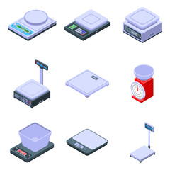Weigh scales icons set. Isometric set of weigh scales vector icons for web design isolated on white background