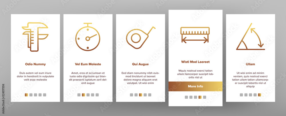 Poster measuring equipment onboarding icons set vector. measuring compass and thermometer, ruler and scale,