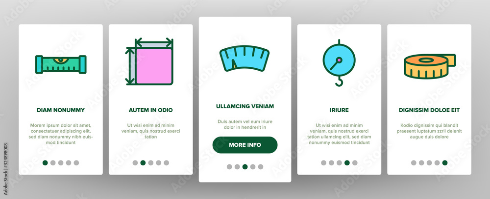 Poster measuring equipment onboarding icons set vector. measuring compass and thermometer, ruler and scale,