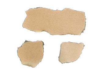 Collection burnt brown sheet of cardboards isolated on a white background. Vintage charred paper. Banner. Copy space