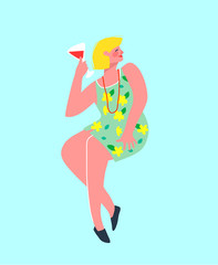 Woman sitting alone celebrating drinking a glass of wine, happy drunk smiling.