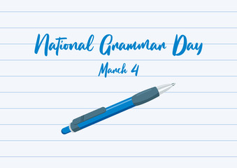 National Grammar Day vector. Sheet of paper with pen vector. Blue ballpoint icon. Blue pen vector. Grammar Day Poster, March 4. Important day