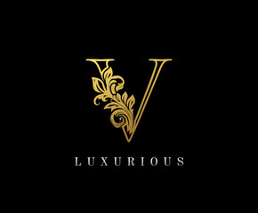 Gold Letter V Logo. V Letter Design Vector with Golden Colors and Floral Hand Drawn.