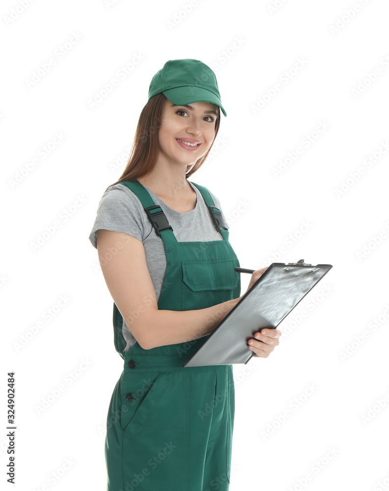 Canvas Prints Portrait of professional auto mechanic with clipboard on white background