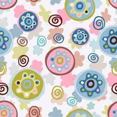 Modern seamless vector botanical colourful pattern with cute simple cartoon flowers. Can be used for printing on paper, stickers, badges, bijouterie, cards, textiles, kids clothes and sheets. 