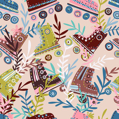 Seamless vector pattern with retro colourful roller skates with flowers. The design is perfect for advertisements, wrapping paper, background design, textile and packages.
