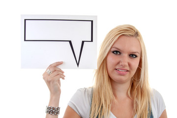 Young blonde woman is holding a text balloon over white background