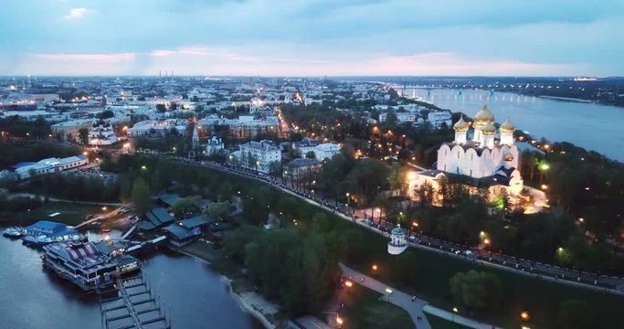 Night aerial view of Assumption Cathedral on bank of Volga River in Russian city of Yaroslavl 
