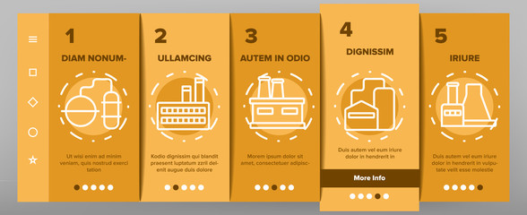 Factory Industrial Onboarding Icons Set Vector. Factory, Truck Terminal, Power Station Chimney, Mine, Warehouse And Greenhouse Illustrations