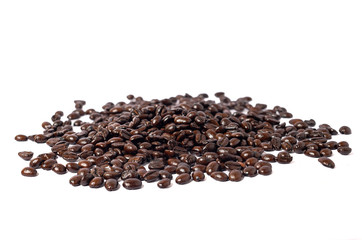 Roasted coffee beans isolated on white background.