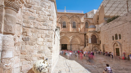 Vew on main entrance in at the Church of the Holy Sepulchre in Old City of Jerusalem timelapse hyperlapse