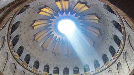 The Holy Sepulchre Church inside from top in Jerusalem timelapse.