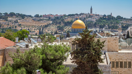 Naklejka premium Panorama overlooking the Old city of Jerusalem timelapse, Israel, including the Dome of the Rock