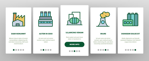 Factory Industrial Onboarding Icons Set Vector. Factory, Truck Terminal, Power Station Chimney, Mine, Warehouse And Greenhouse Illustrations