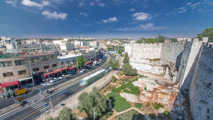 Fototapeta premium View from the top of Damascus gate to Jerusalem Old Town timelapse. Israel.
