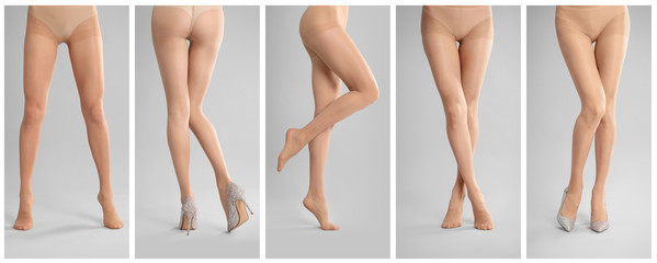 Collage of women wearing tights on grey background, closeup of legs. Banner design - obrazy, fototapety, plakaty