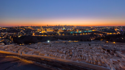 Jerusalem panorama view over the City day to night timelapse with the Dome of the Rock from the Mount of Olives.