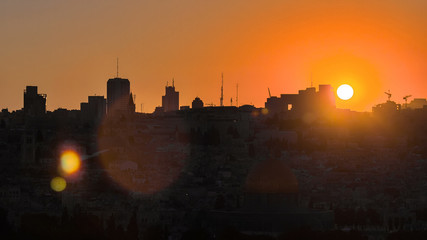 Jerusalem view over the City at sunset timelapse with the Dome of the Rock from the Mount of Olives.