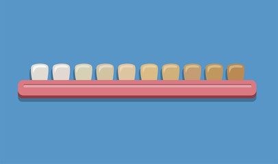 Naklejka premium teeth whitening shade guide, dental colour chart. cartoon flat illustration vector isolated in blue background