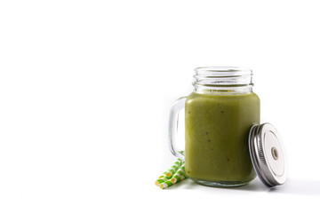 Healthy green smoothie with spinach,mint, kiwi, ginger and green apple isolated on white background. Copy space