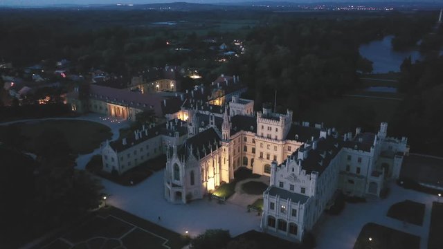 Evening aerial view on the medieval castle Lednice. South Moravian region. Czech Republic