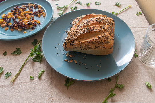 paved bread with sesame seeds on a plate