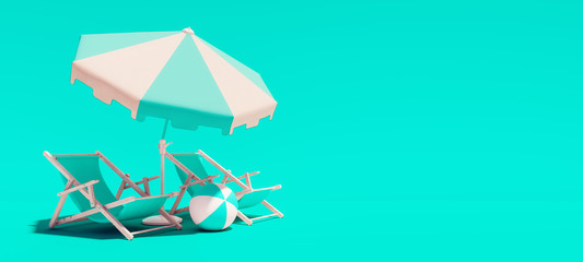 Two beach chairs with parasol on turquoise summer background 3D Rendering