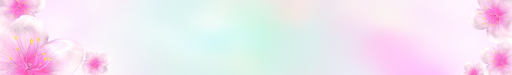 panoramic sakura cherry blossoms 468x60 size website full banner background. 3D Illustration Clip-Art with Floral spring design and copy space in pink, white and green