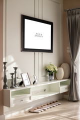 American style picture frame mock up on the wall with living room shelves