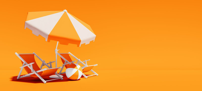 Two beach chairs with parasol on lush orange summer background 3D Rendering