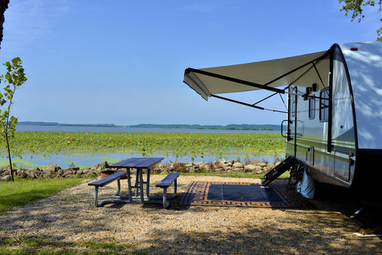 Travel Trailer Camping By The Mississippi River In Illinois