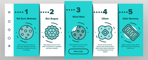 Cookie Baked Dessert Onboarding Icons Set Vector. Bite Cookie And With Milk Glass, Biscuit With Cream And Waffle, Sweet Breakfast Illustrations