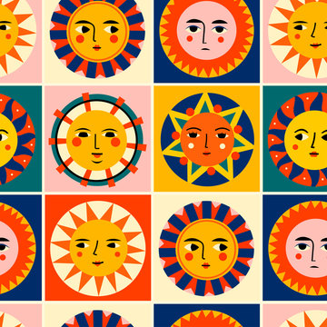 Colorful abstract Suns with faces in squares. Various emotions. Ethnic style. Hand drawn Vector seamless pattern. Perfect for textile prints or for ceramic tile design