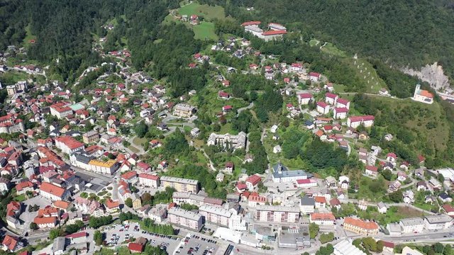Aerial view of historical center of Idrija, Slovenia